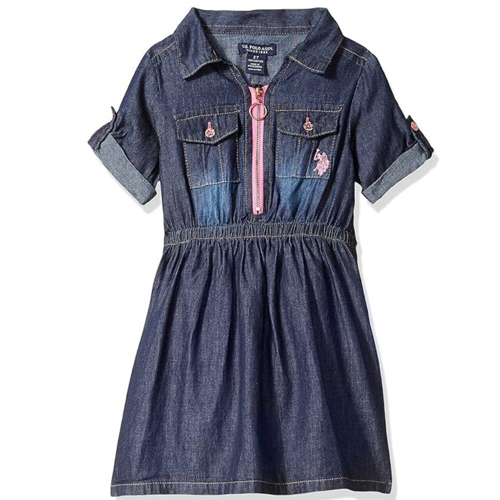 NEW U.S. Polo Assn. Toddler Dark Navy Wash Knee Length Jean Zip Dress 2 NWT